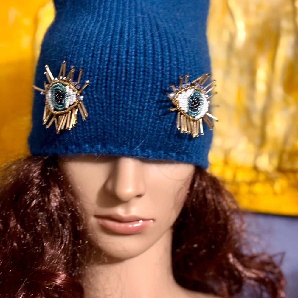 Unique OOAK Handmade Blue Wool Beaded Evil Eye Beanie Hat - Picture 3 of 9